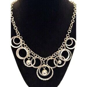 Modernist Silver Tone Concentric Circle Bib Statement Necklace - Textured Rings